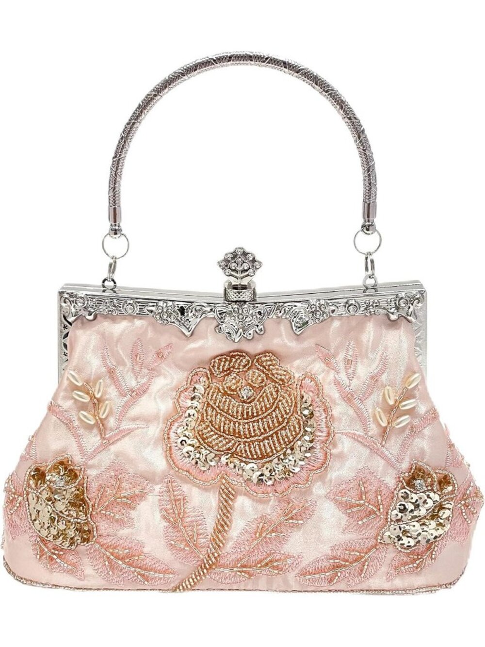 Womens Pink Beaded Rose Sequin Kiss Lock Frame Top Handle Evening Bag Clutch